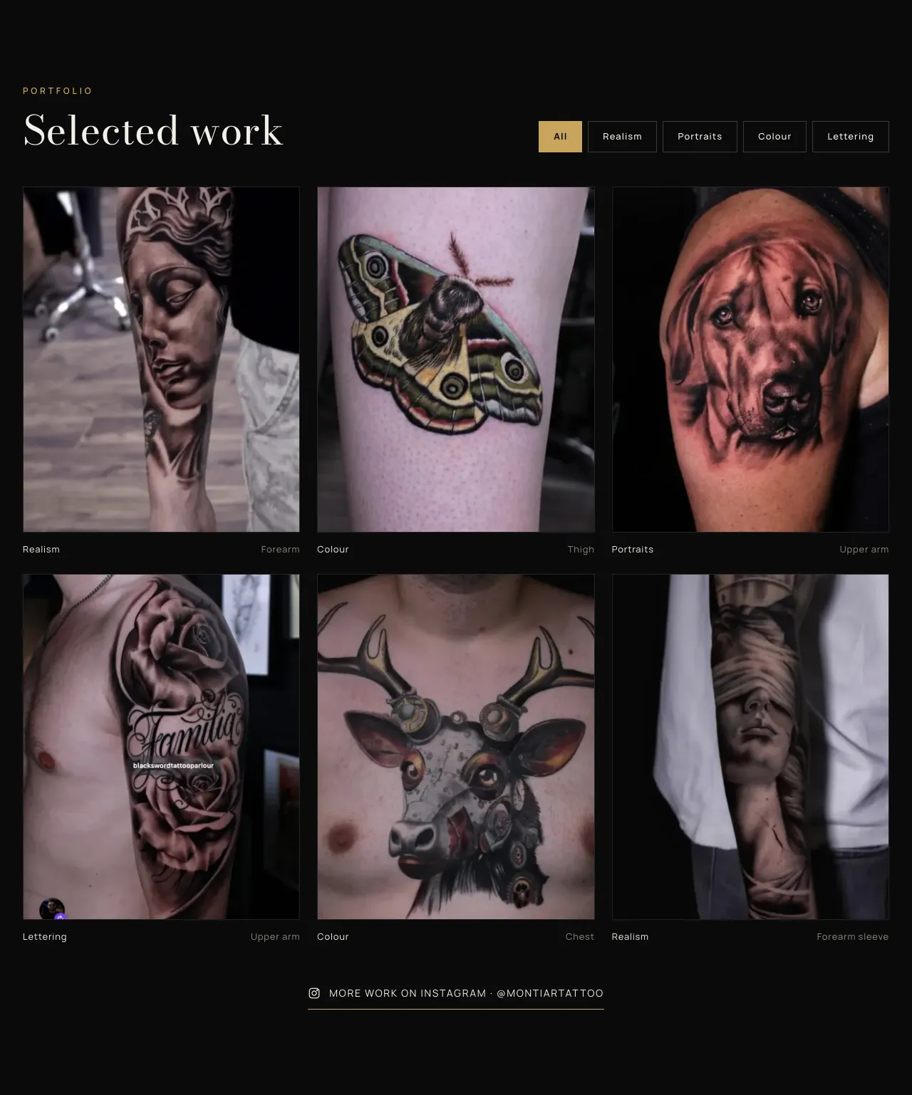 Portfolio van Monti Art Tattoo met zes tattoos en filters op realisme, portretten, kleur en lettering