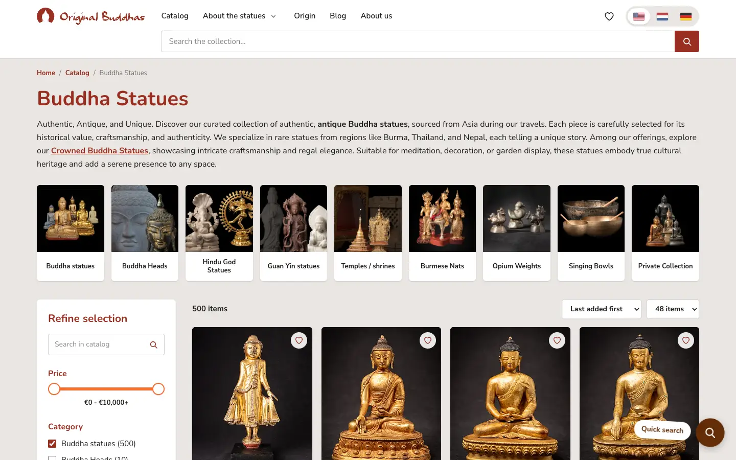 Catalogus van Original Buddhas met categorieën, prijsfilter en een raster van Boeddhabeelden