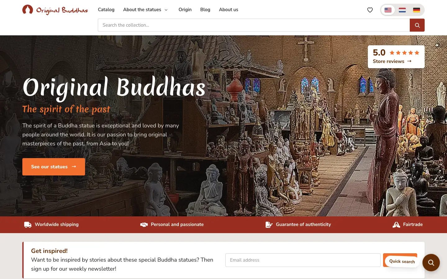 Homepage van de Original Buddhas-webshop met een foto van de galerie vol Boeddhabeelden