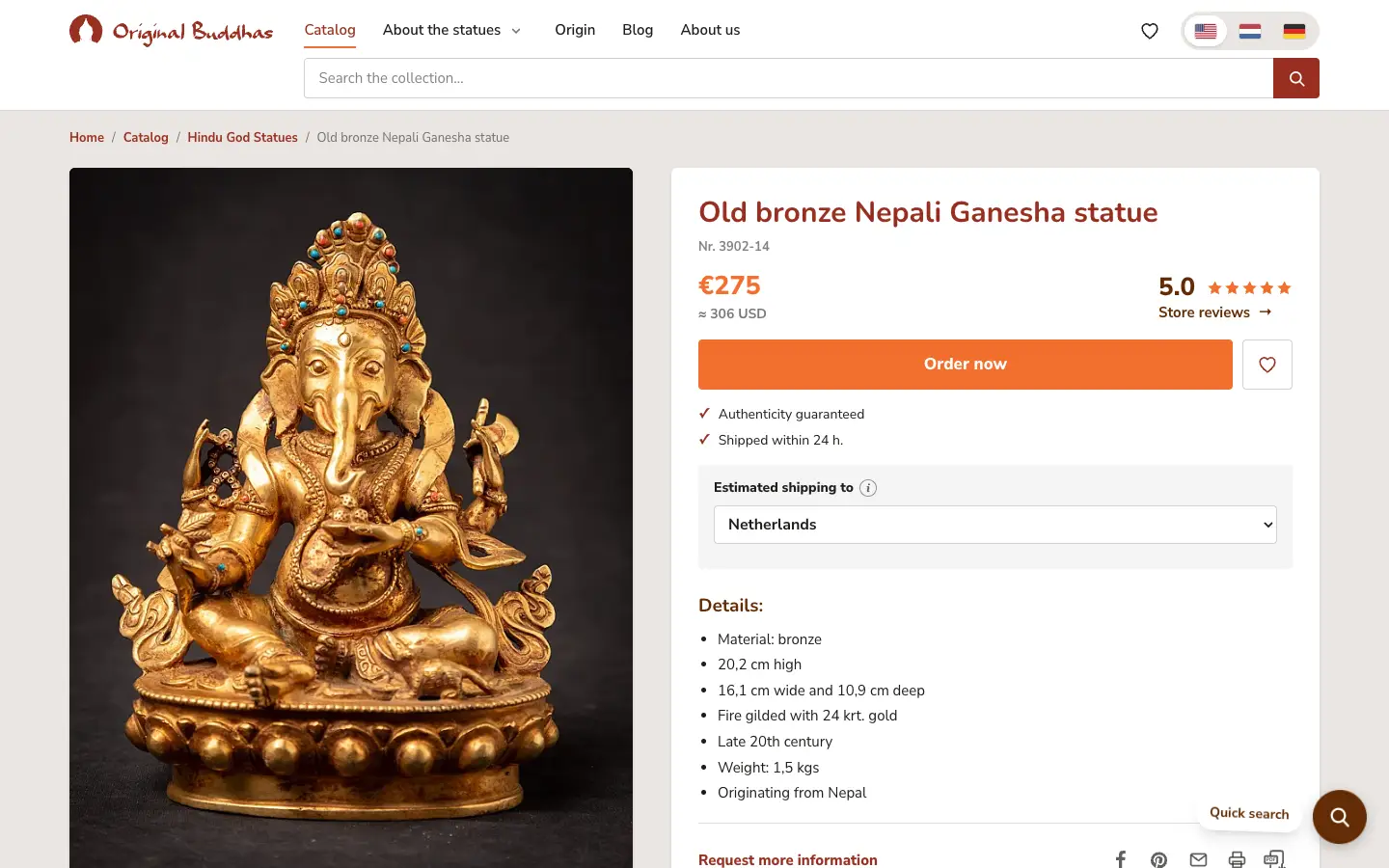Productpagina van een bronzen Ganesha-beeld met prijs, bestelknop en verzendkosten