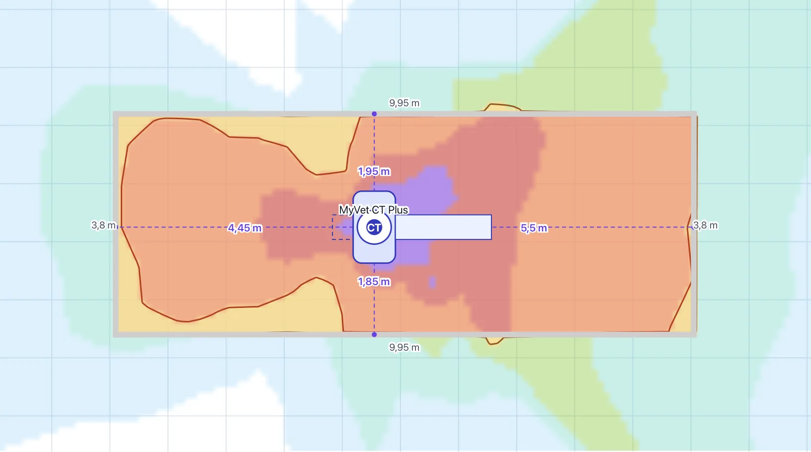 Plattegrond van een CT-ruimte met een MyVet CT Plus, maatvoering tot de wanden en isodosislijnen