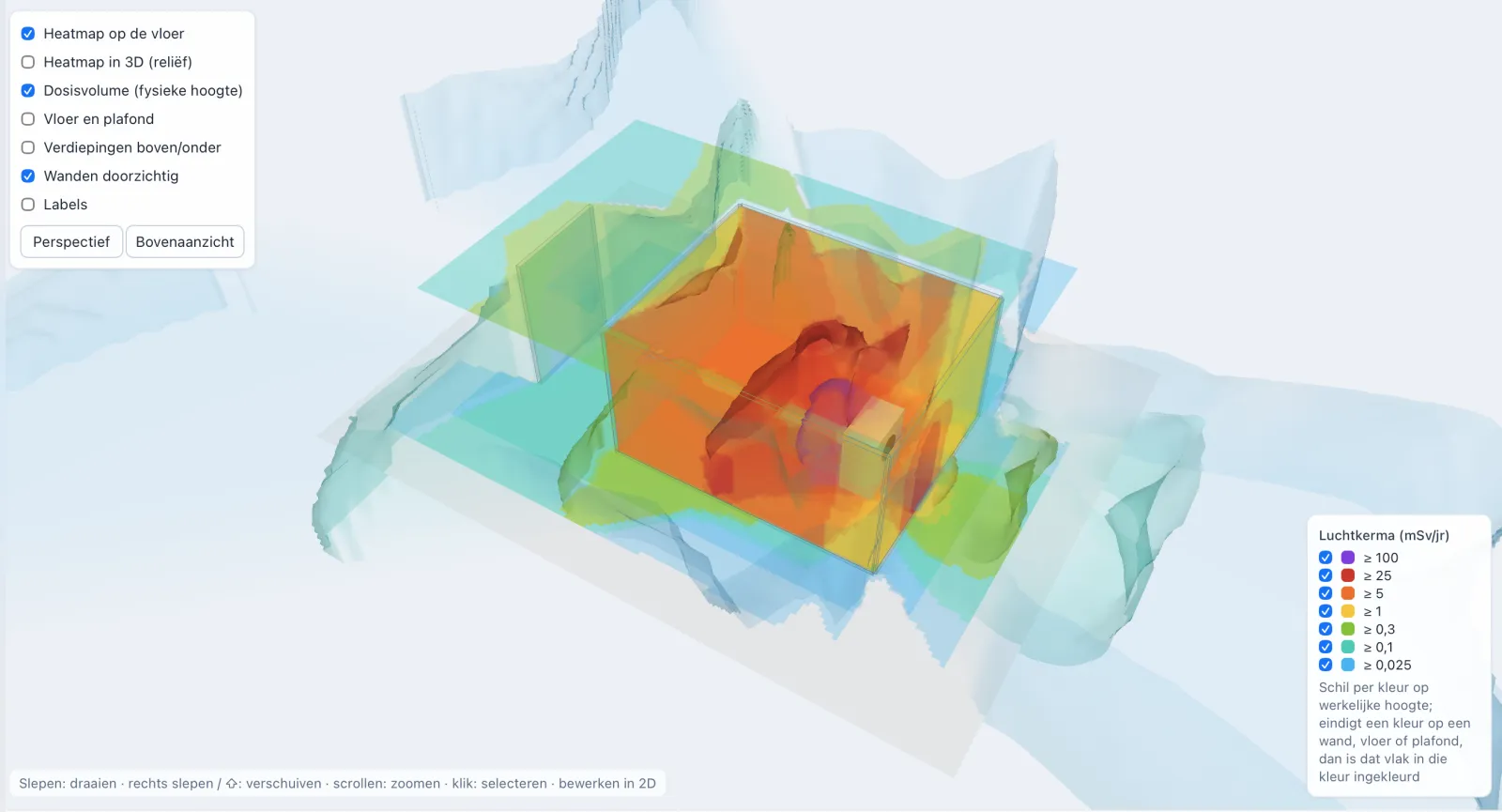 3D-weergave van een CT-ruimte met de stralingsdosis als gekleurde schillen per dosisniveau