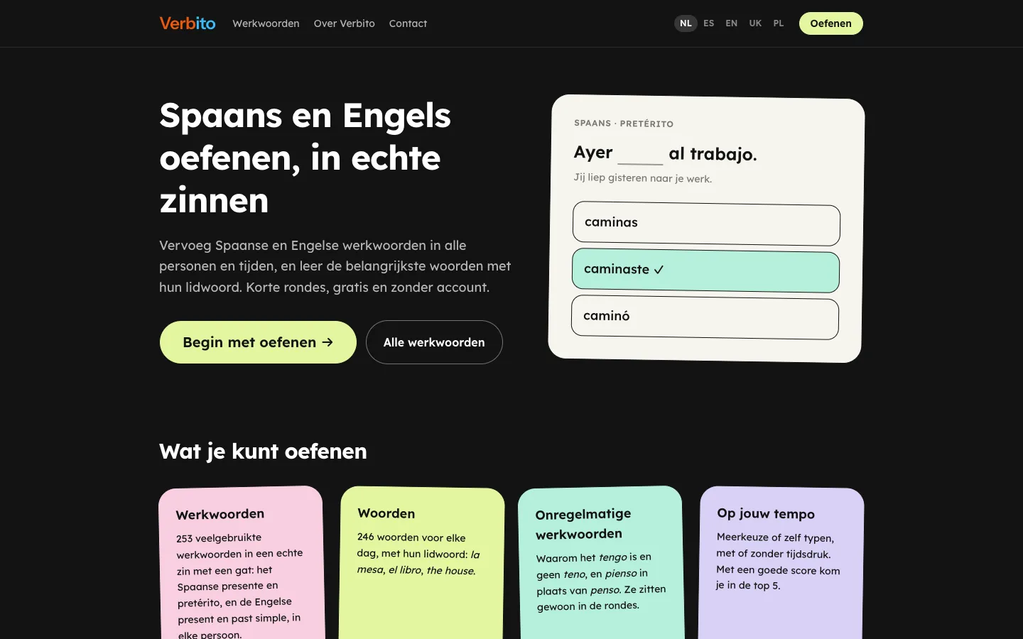 Homepage van Verbito met een voorbeeldvraag: een Spaanse zin met een ontbrekend werkwoord