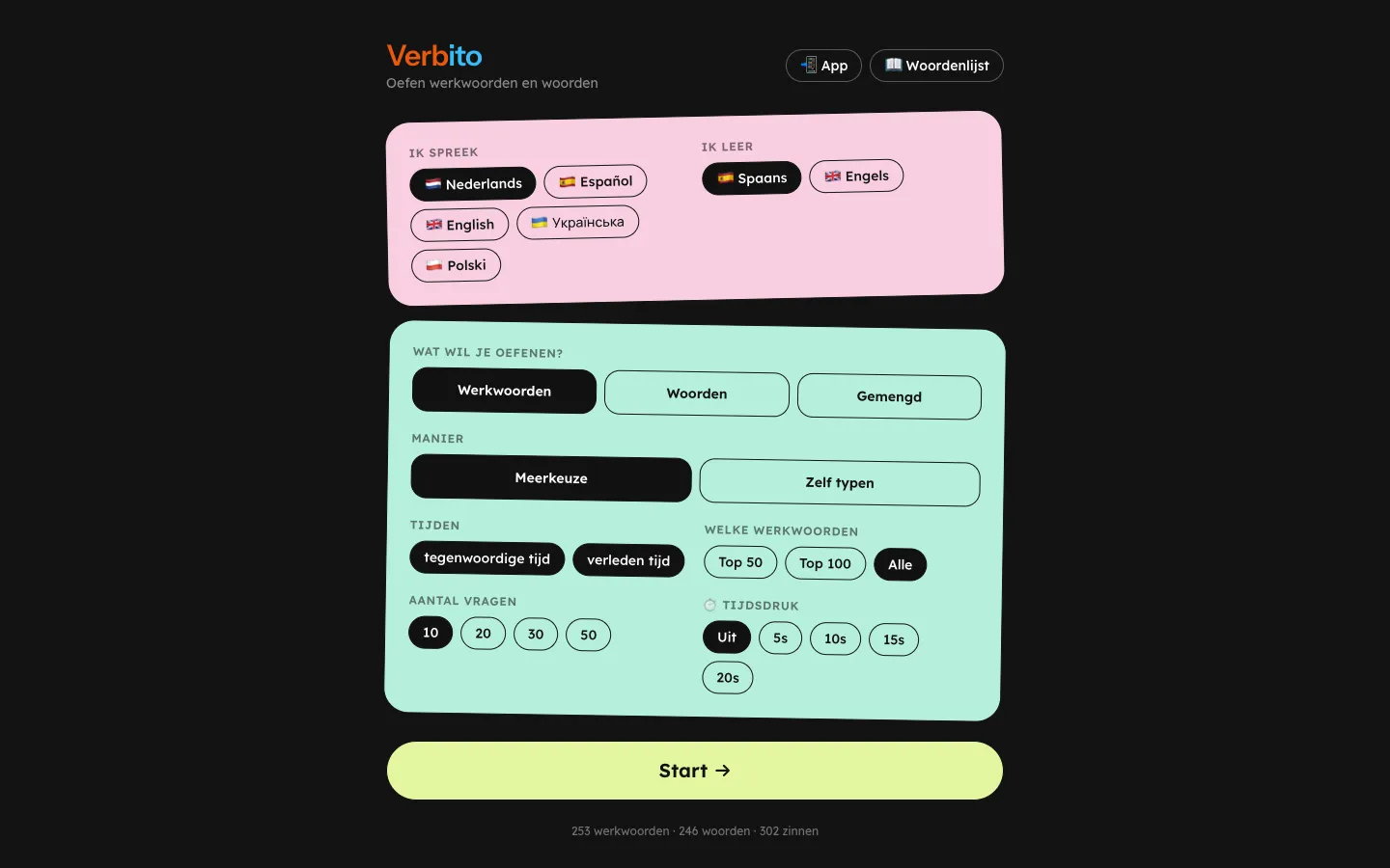 Het startscherm van Verbito met keuzes voor taal, onderdeel, manier, tijden en aantal vragen
